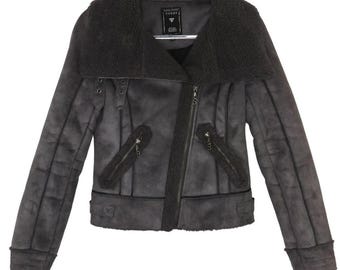 Y2k Guess Gray Suede Shearling Moto Jacket Faux Fur Lining Extra Small XS