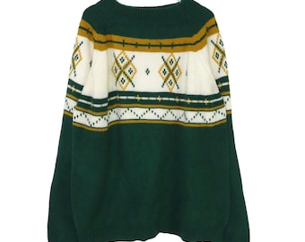 Suéter vintage MG de los años 80, suéter de punto con estampado de rombos verde y amarillo, cuello redondo grande.