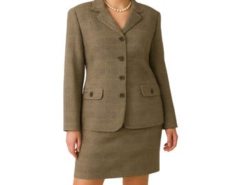 Vintage La Belle Brown Houndstooth Skirt Suit Size 14 Large Retro Corpcore Preppy