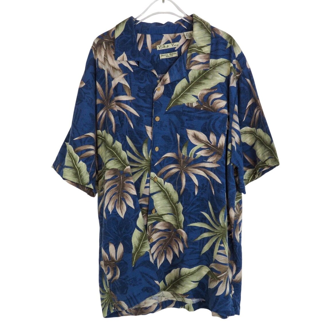 Vintage 80s Batik Bay Hawaiian Silk Shirt: Blue Tropical Palm Print (XL), photo 2 of 5