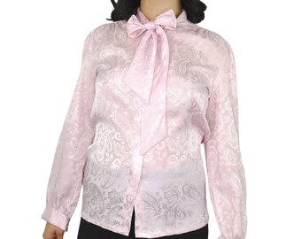 1970s Laura Mae Vintage Satin Blouse: Pastel Pink Paisley Pussy Bow