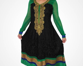 1990s Vintage Indian Sari Dress Green and Gold Long Sleeve Dress