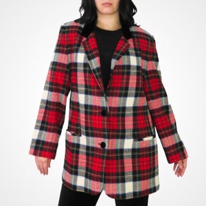 90s Vintage Black & Red Plaid Wool Blazer Jacket Extra Large
