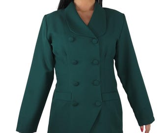May include: A dark green blazer with a double-breasted closure and a wide collar. The blazer has four buttons down the front and two pockets.