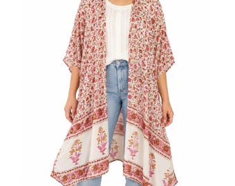 Kimono spolverino stile boho rosa con stampa floreale paisley, taglia piccola, anni 2000 Angie.