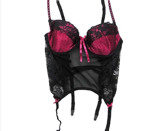 Vintage Hot Pink and Black Lace Polkadot Cup Sexy Corset 38C Lingerie