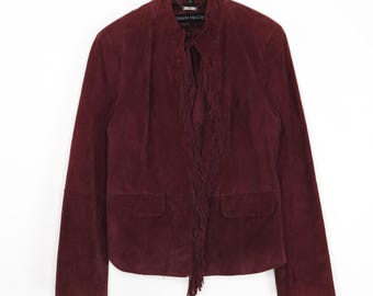 Chaqueta vintage de ante con flecos burdeos, años 90, talla mediana
