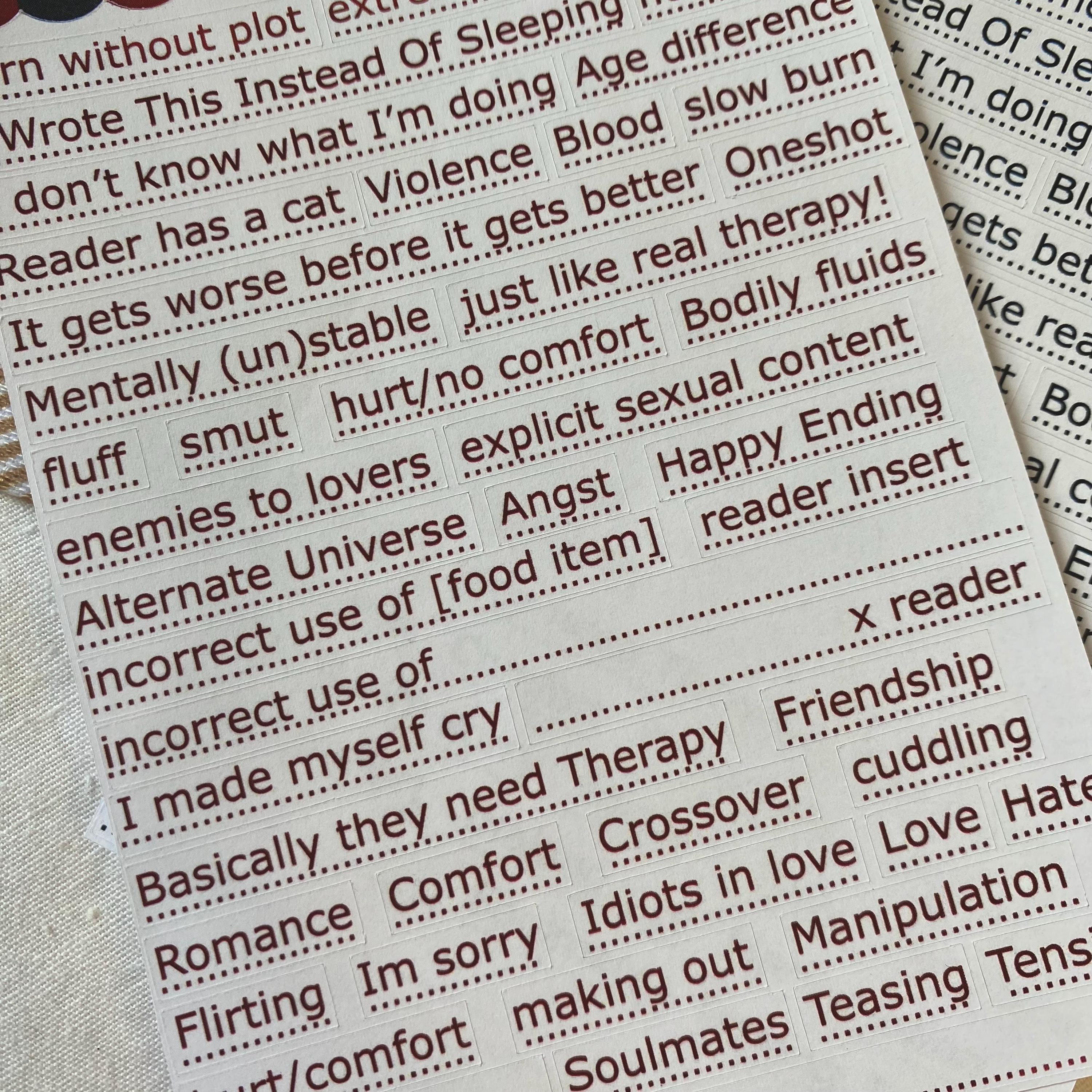 Fanfic Stickers Ao3 Tags Sticker Sheet / Stickers / Planner Sticker / Journaling Deco ...