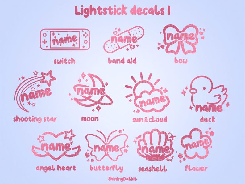 May include: Pink and white lightstick decals with various designs, including a shooting star, moon, sun and cloud, duck, angel heart, butterfly, seashell, and flower. Each design features the word "name" in a stylised font.
