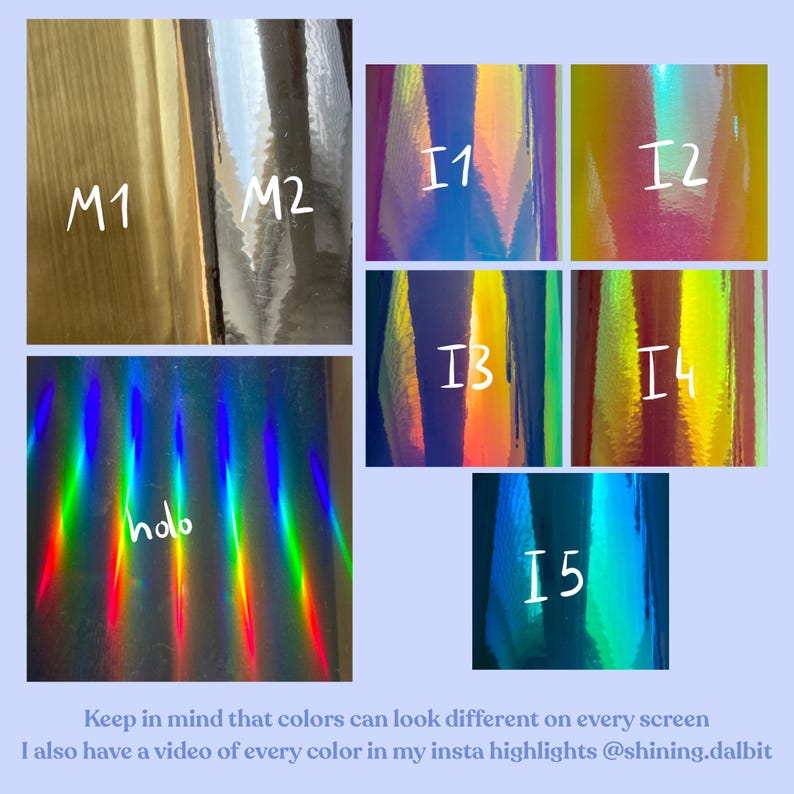 May include: A collection of iridescent vinyl samples in various colours, including blue, purple, pink, orange, and green. The samples are labelled with numbers I1 through I5 and M1 and M2. The text "holo" is written on one of the samples.