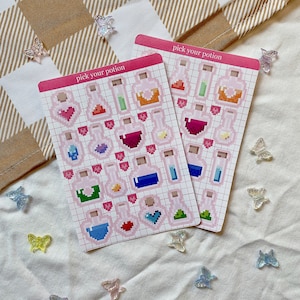 Könnte beinhalten: Zwei rosa Blätter mit Aufklebern mit einem Gittermuster. Jedes Blatt hat den Text "pick your potion" und zeigt Pixel-Art-Bilder von Zaubertrankflaschen in verschiedenen Farben.