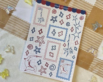 サメのスタンプステッカーシート / ステッカー / サメステッカー / ジャーナリングデコ / ポルコデコ / シュモクザメ / かわいいステッカー / オナガザメ