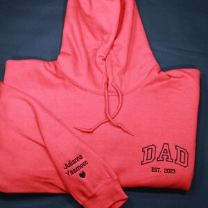 Dad Embroidered Sweatshirt, Custom Dad Shirt With Kids Names, Heart On Sleeve, Daddy Est Year Hoodie, Gift For New Dad, Father&#39;s Day Gift