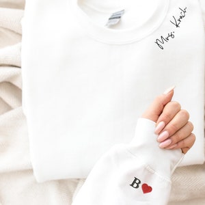 Custom Mrs. Embroidered Sweatshirt, Heart On Sleeve, Name On Neckline, Wife Shirt, Future MRS Hoodie, Engagement Gift, Bride To Be, Gift tee