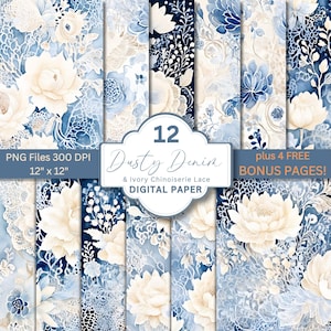 Stoffig denim en ivoorkleurig chinoiseriekant digitaal papier | Aquarelbloemen | Junkjournaalpapier, plakboekpapier, kaarten maken en uitnodigingen