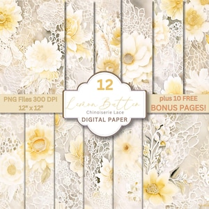 Lemon Butter Yellow Chinoiserie Lace Digital Paper | Watercolor Flowers | Junk Journal Paper, Scrapbook Paper, Card Making and Invitations