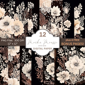 Mokka Mousse Creme und Spitze Digitales Papier Aquarell Blumen | Junk Journal Papier, Scrapbook Papier, Einladungen, Karten | Kommerzielle Nutzung möglich