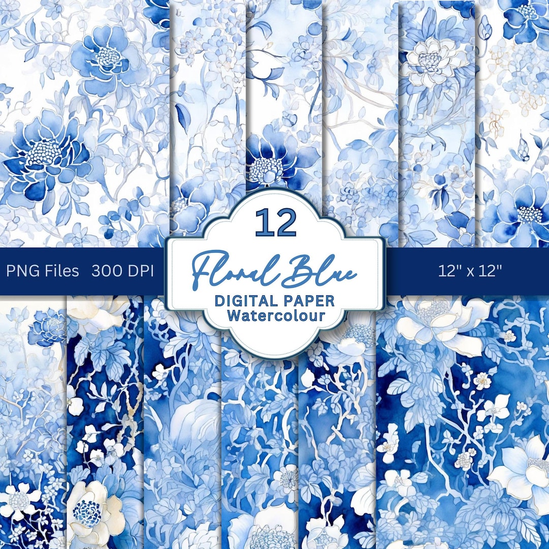 Floral Blue Digital Paper Watercolor Flowers | Junk Journal Paper ...