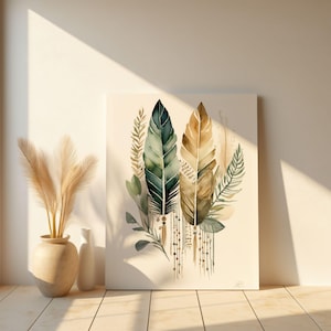Sage Boho Feather Wall Art | Signed Abstract Watercolor Botanical Bohemian Art Print | Earthy Green Tones Home Decor | Digital Download