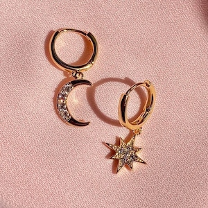 Celestial Earrings, Moon Star Earrings, Dangle Earrings, Dainty Gold Earrings, Unique Earrings, Gift for Her, Moon Earrings, Sun Earrings