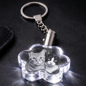 Personalised Crystal Cat Photo Keyring | 3D Engraved Pet Memorial Keepsake UK
