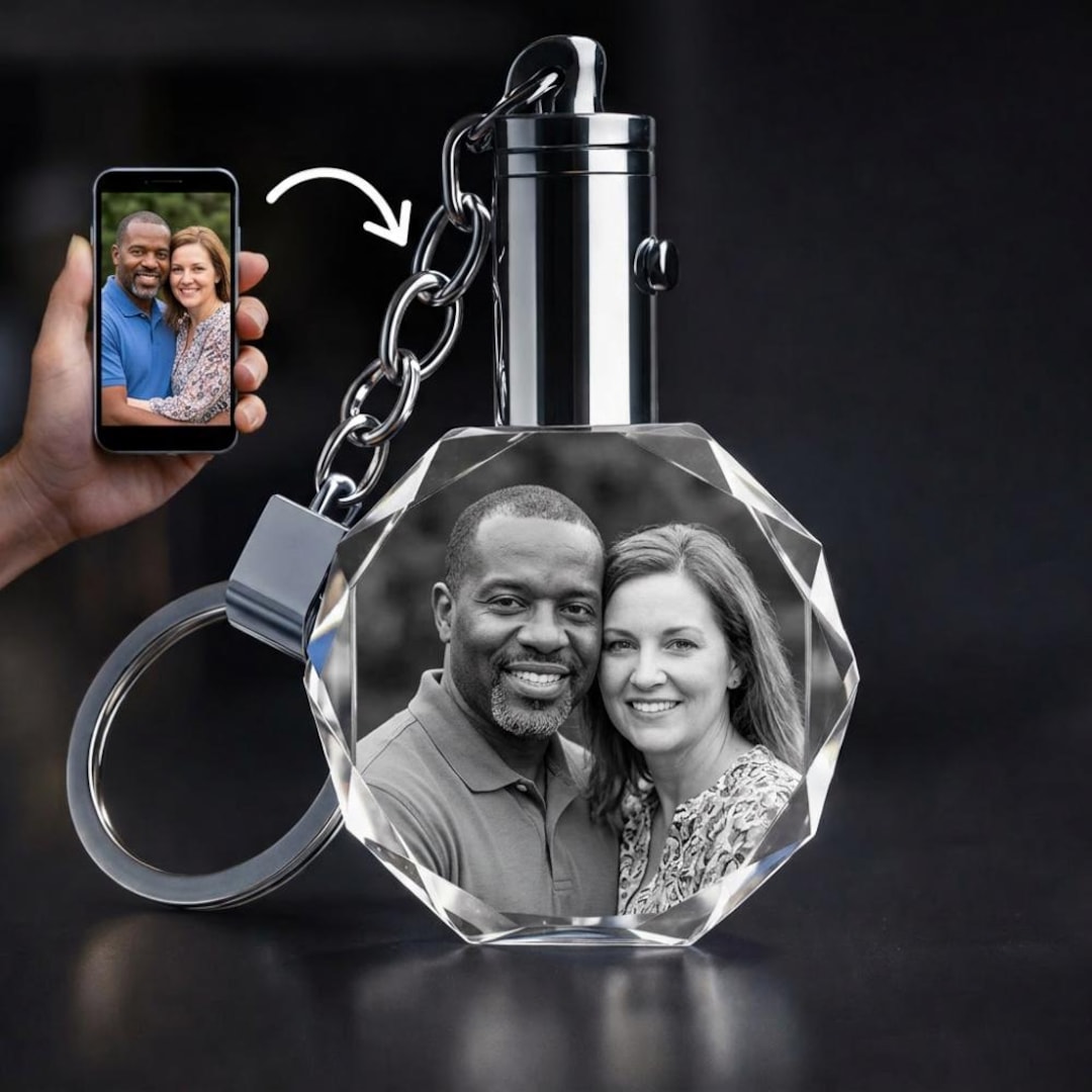 Geometric Key Ring Personalised Crystal Octagon Photo Keyring | 3D Engraved Geometric ...