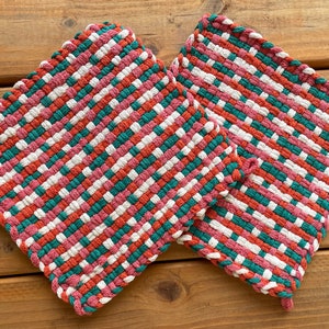 2 Large Orange/Green/Winter white Potholders! Handwoven, Loomed Potholder or Trivet - Handmade Gift - Cotton Material