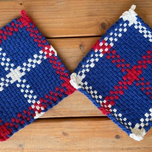 Handwoven Cotton Potholder Set: Red, White, and Blue Loomed Trivets