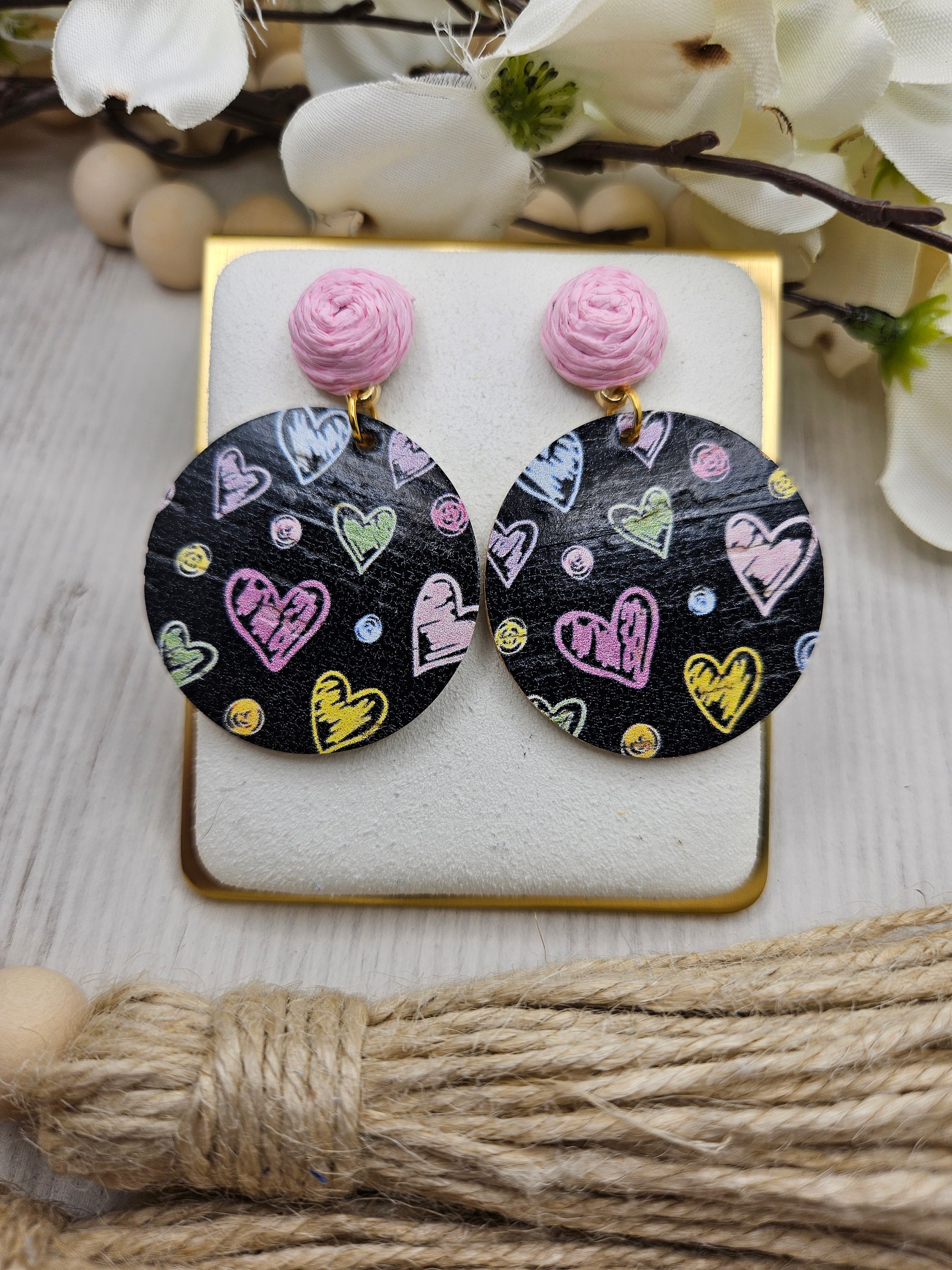 Black Heart Cork Earrings Backed with Genuine Leather with Pink Raffia Rose Studs - Thumbnail 4
