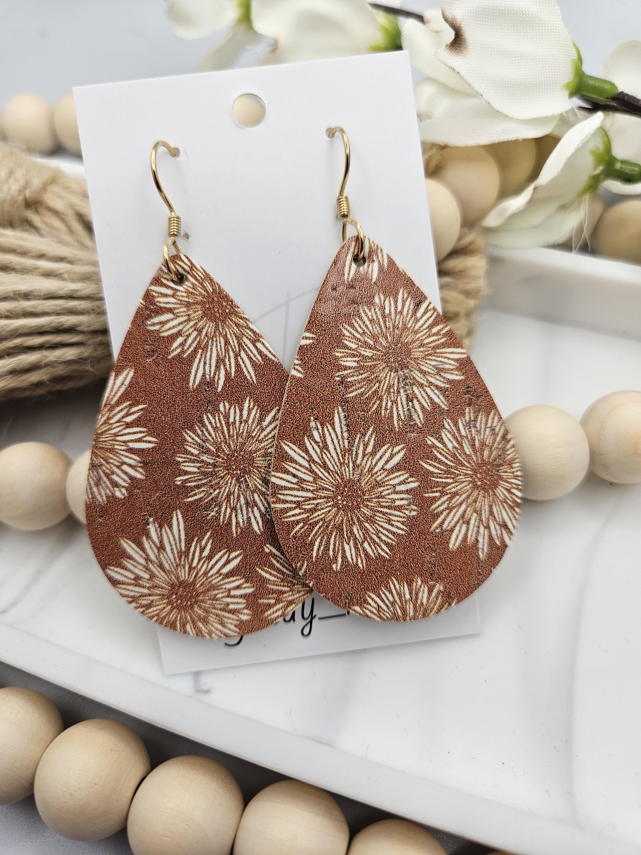 Large Handcrafted Floral Cork Teardrop Earrings with Genuine Leather Backing - Thumbnail 3