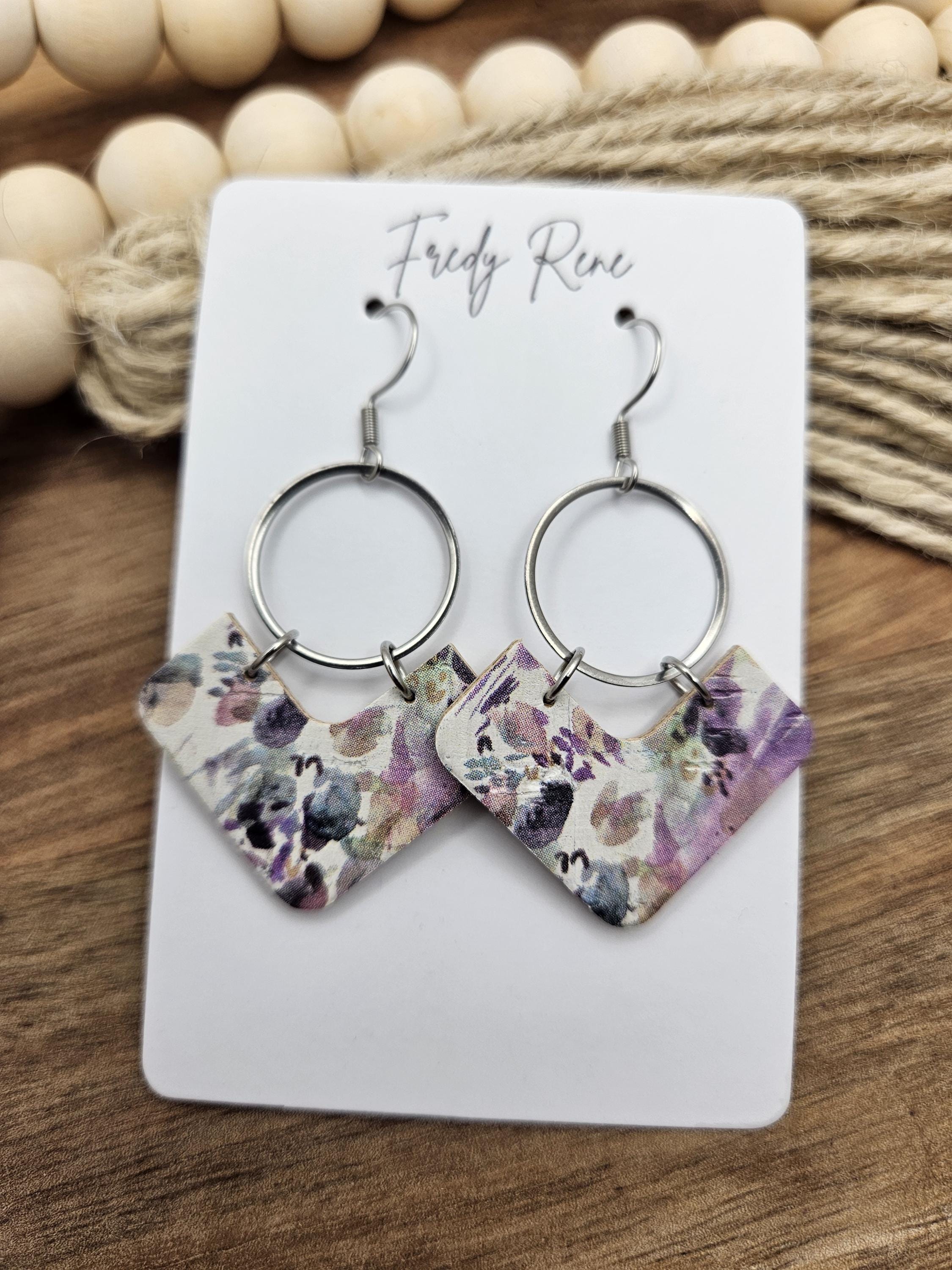 Lavender Floral Cork Earrings with Genuine Leather Backing - Thumbnail 2
