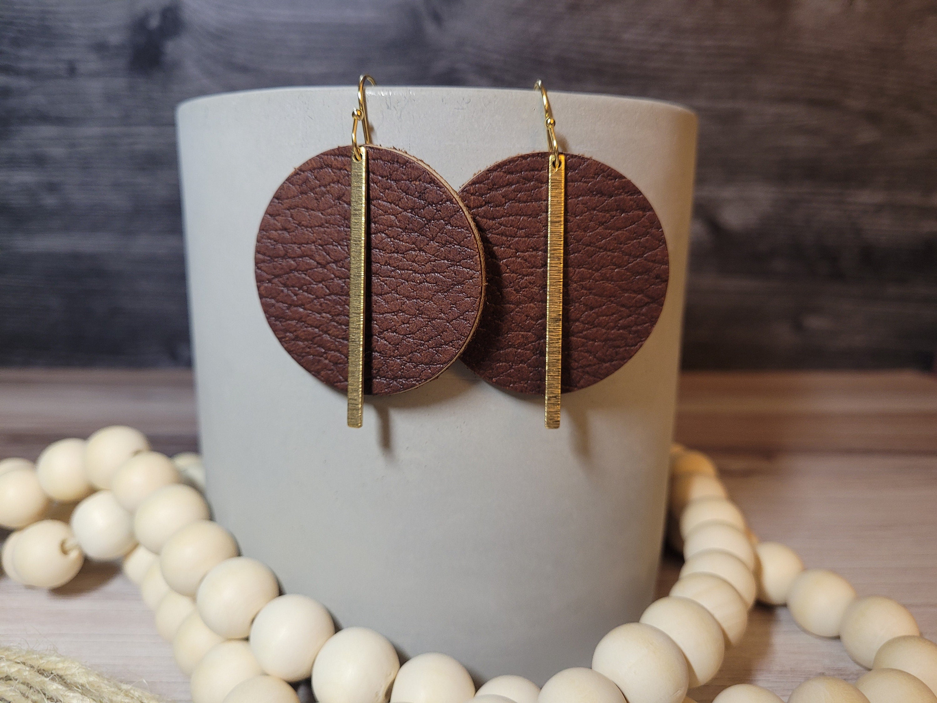 Handmade Brown Genuine Leather Earrings with Gold Brass Bar Accents