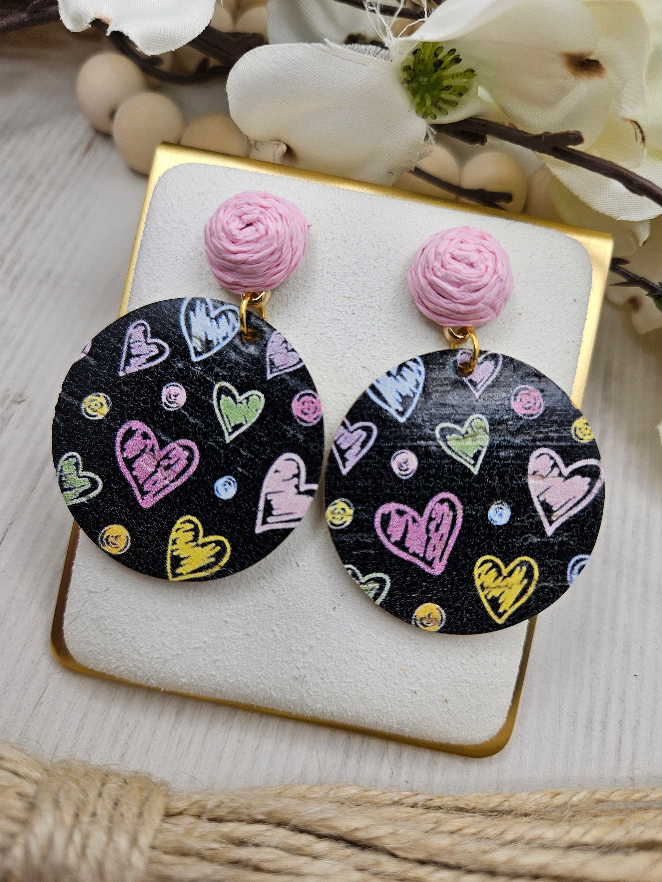 Black Heart Cork Earrings Backed with Genuine Leather with Pink Raffia Rose Studs - Image 1
