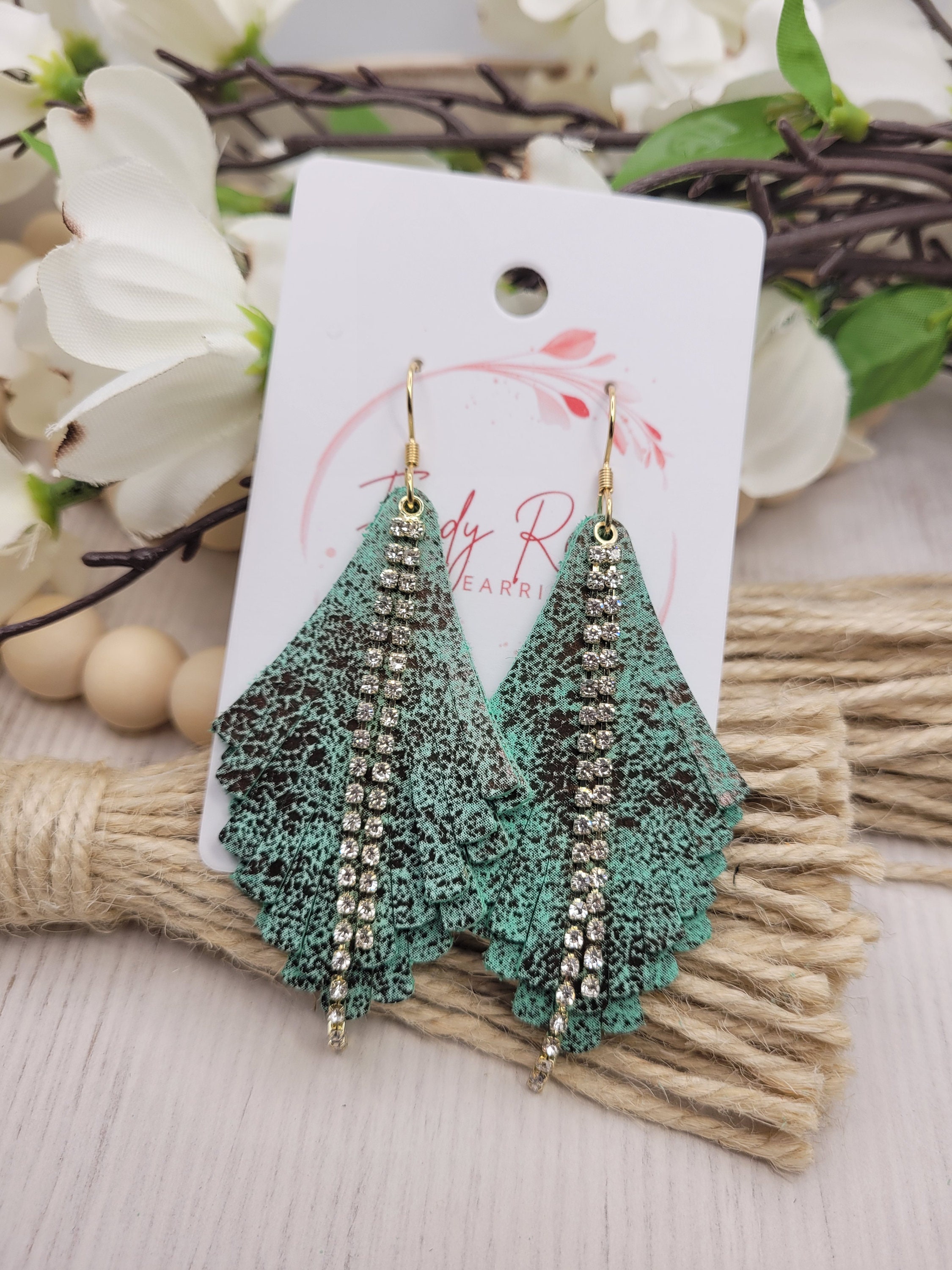 Handmade Lightweight Leather Earrings with Rhinestone Accents - Thumbnail 6