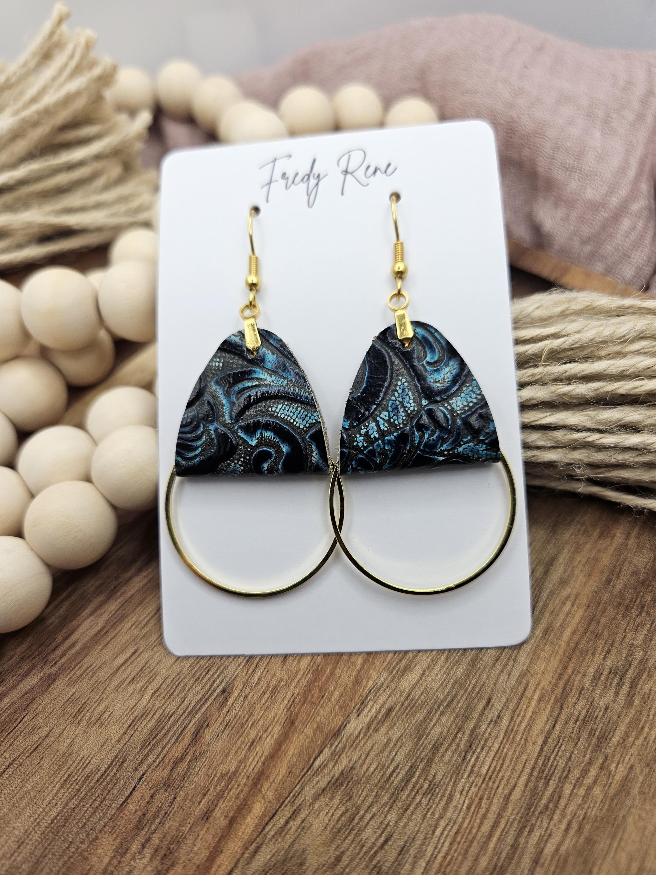 Stylish Blue Leather Earrings with Gold Metal Circles - Handmade Lightweight Design for Everyday or Special Occasions - Thumbnail 4