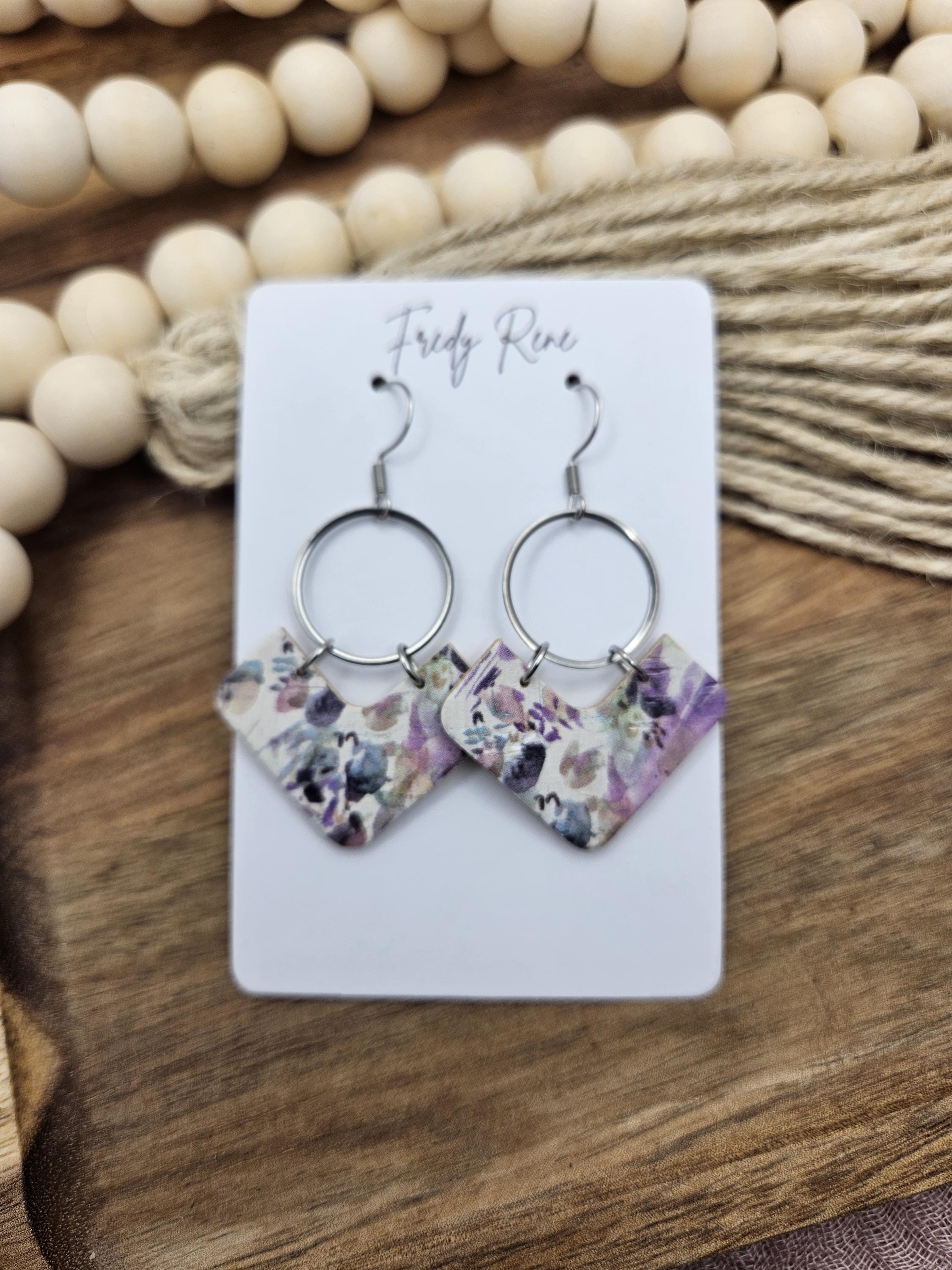 Lavender Floral Cork Earrings with Genuine Leather Backing - Thumbnail 4