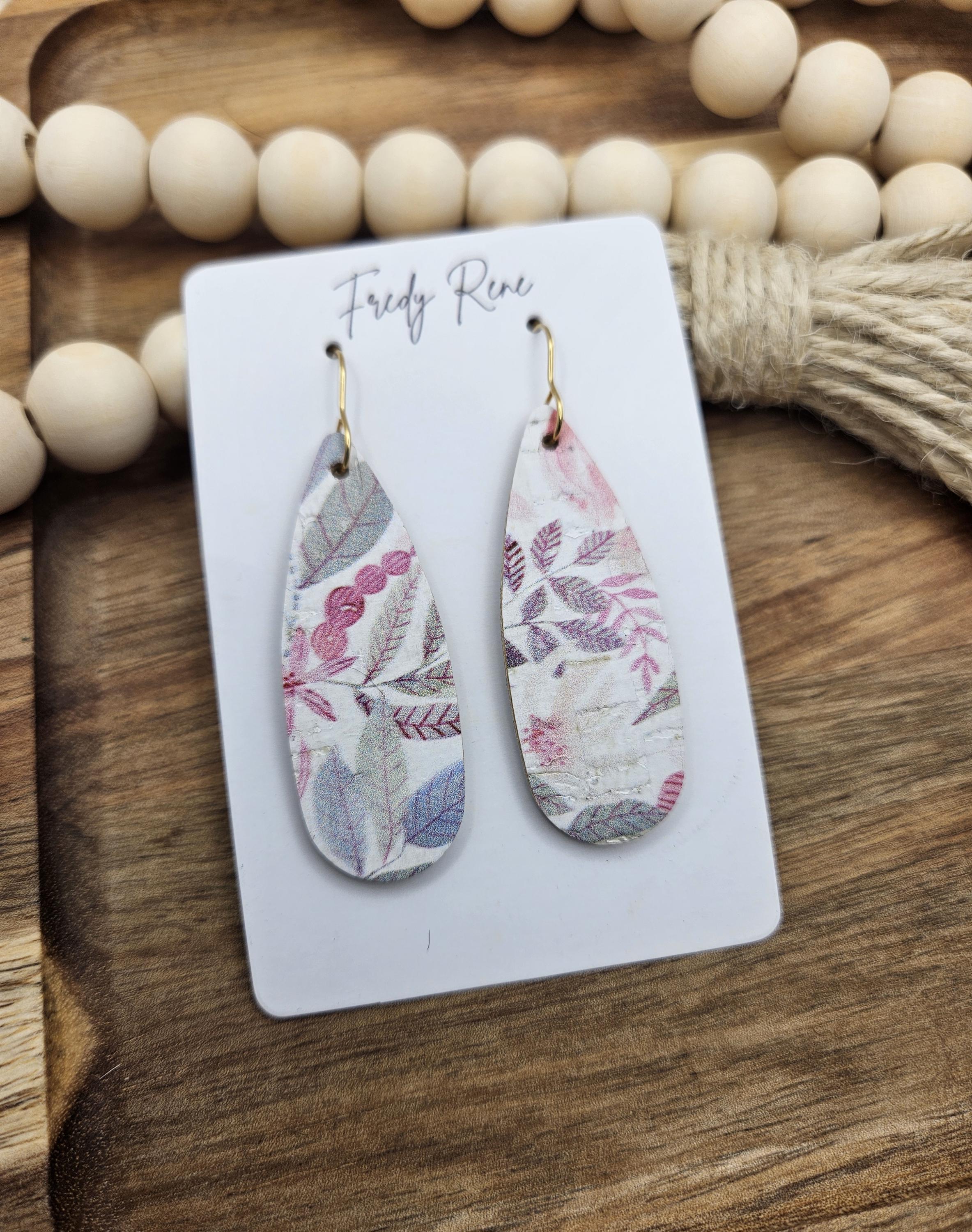 Handcrafted Narrow Floral Cork Teardrop Earrings with Genuine Leather Backing