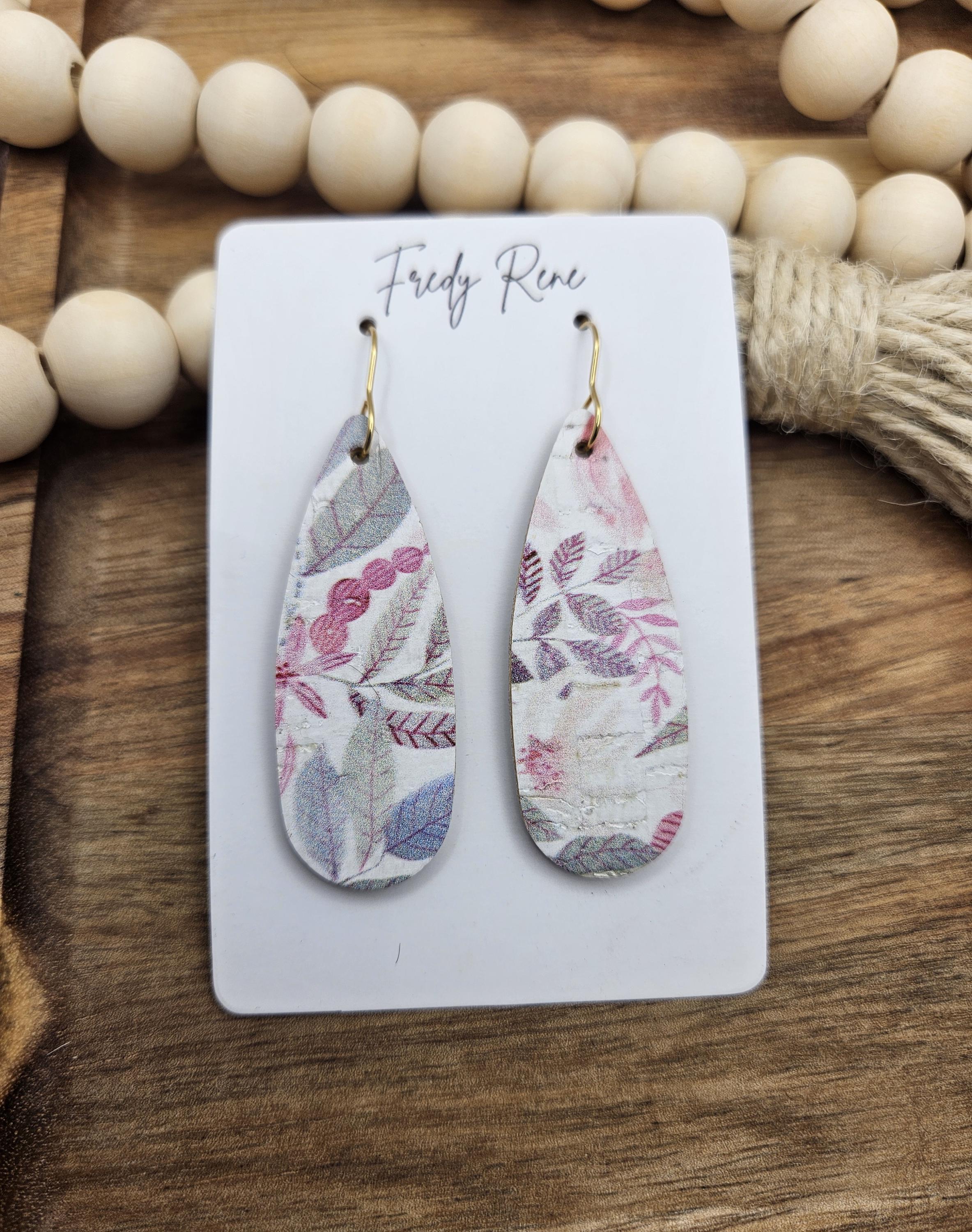 Handcrafted Narrow Floral Cork Teardrop Earrings with Genuine Leather Backing - Thumbnail 3