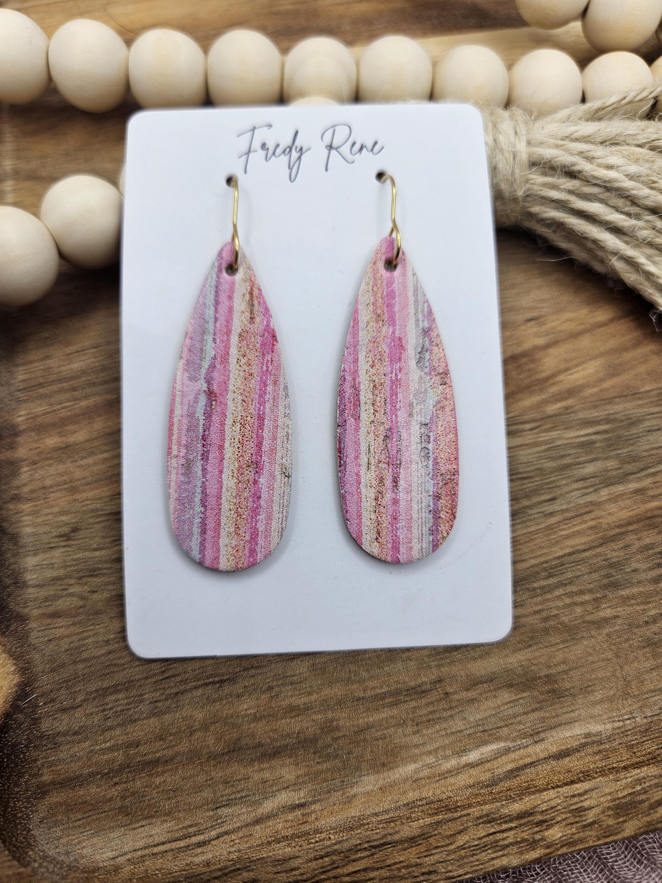 Handmade Narrow Striped Cork Teardrop Earrings with Genuine Leather Backing - Thumbnail 6
