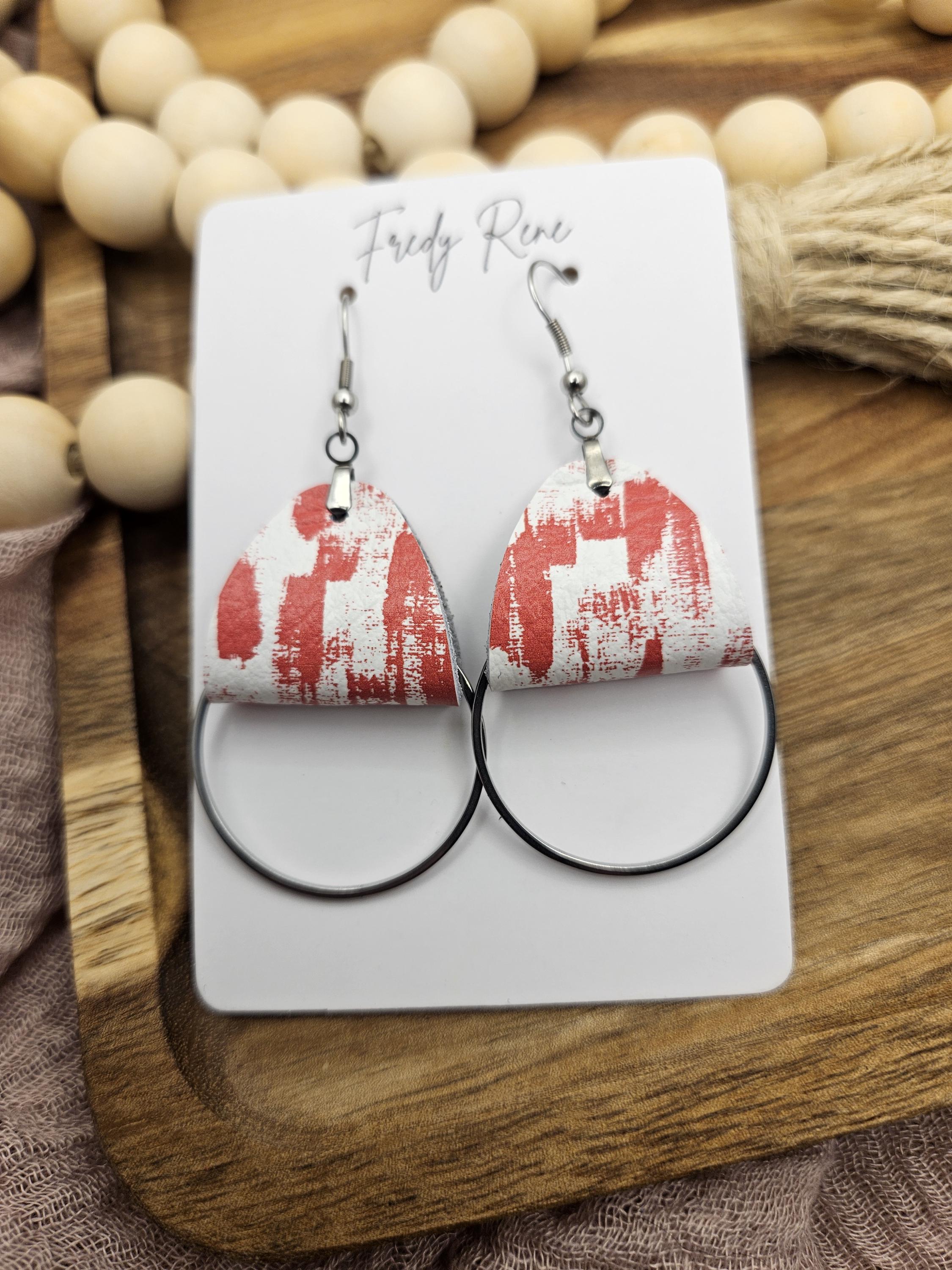 Handmade Red Abstract Striped Leather Earrings with Stainless Steel Circle Detail - Thumbnail 7