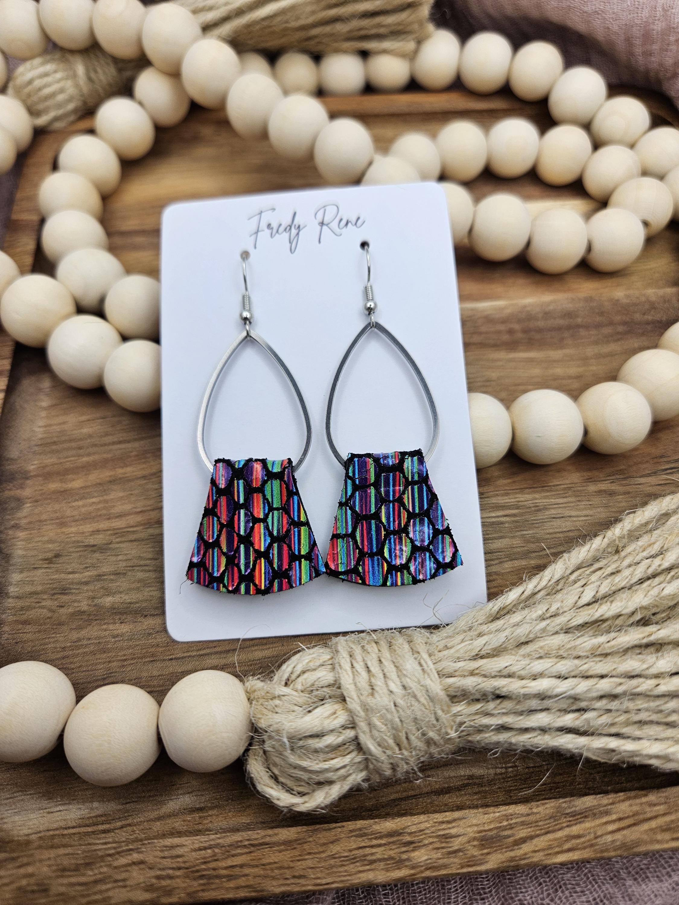 Metal Teardrop with Multicolor Genuine Leather Earrings - Thumbnail 3