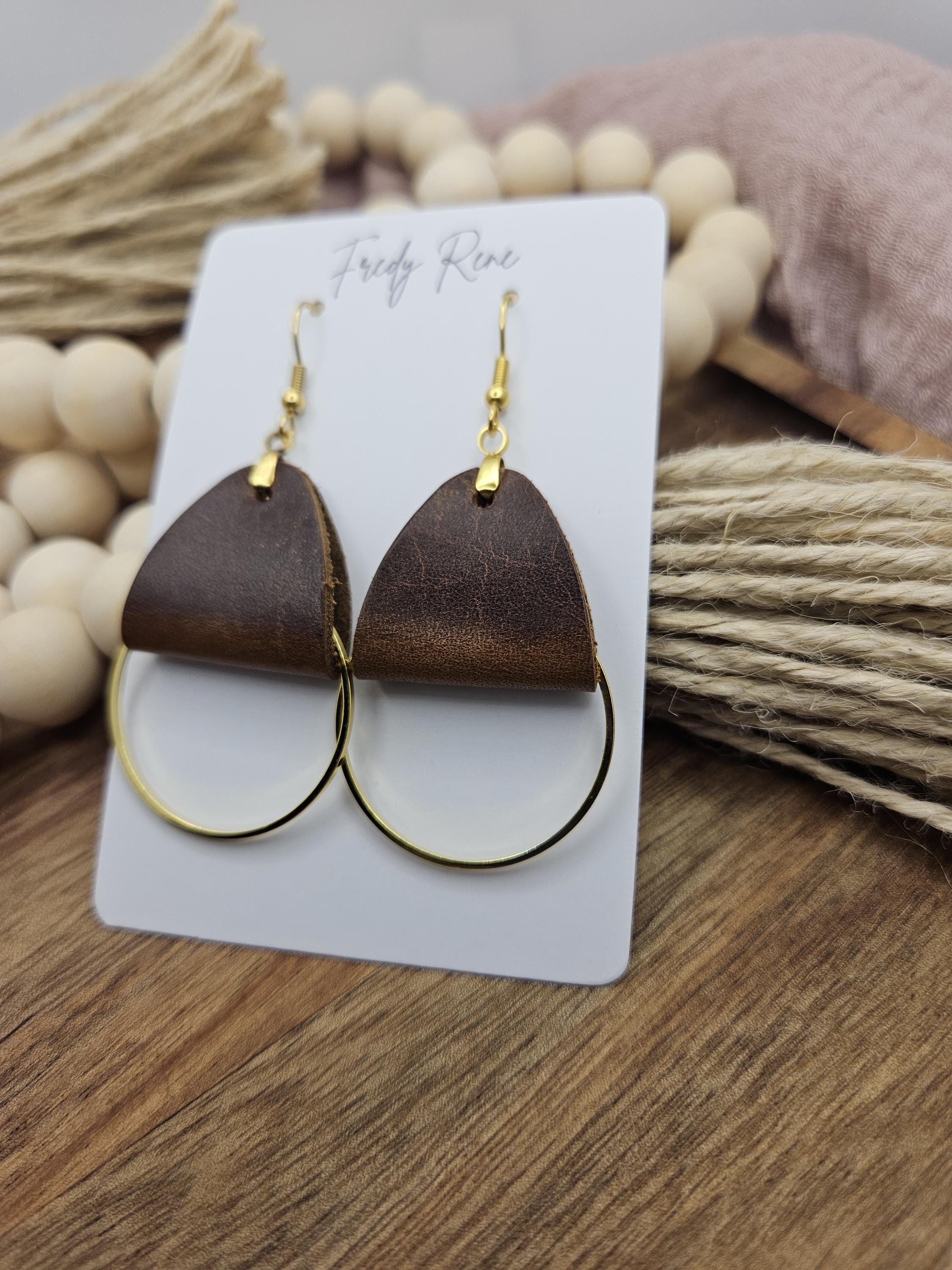 Brown leather dangle earrings, Gold metal circle accent, Light handmade genuine leather, Birthday gift for women, Rustic Boho drop earrings - Thumbnail 2