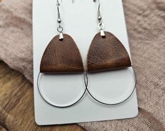 Brown Leather Earrings, Handmade Lightweight Dangles with Metal Circle, Minimalist Boho Jewelry