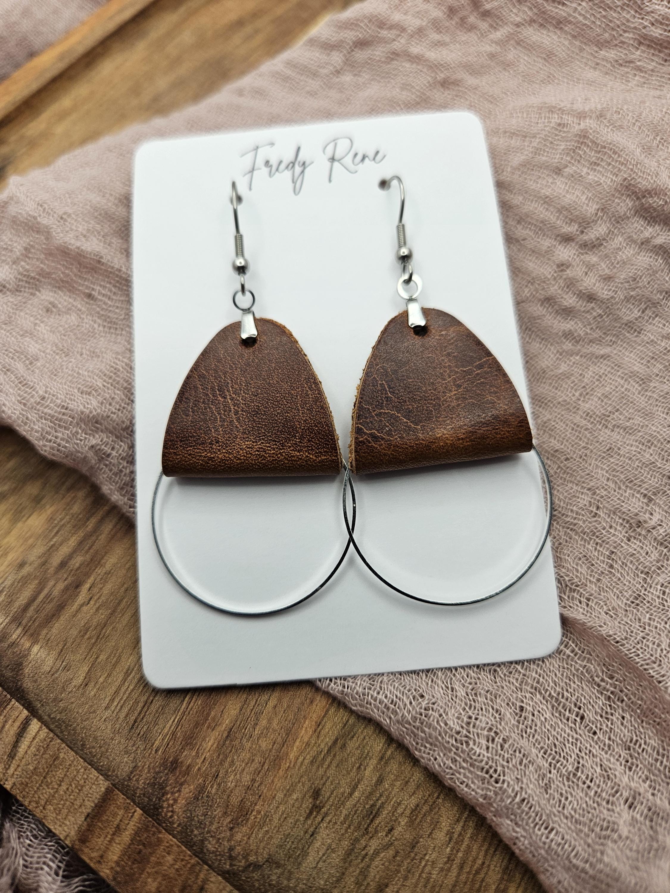 Handmade Brown Leather Earrings with Metal Circle Detail