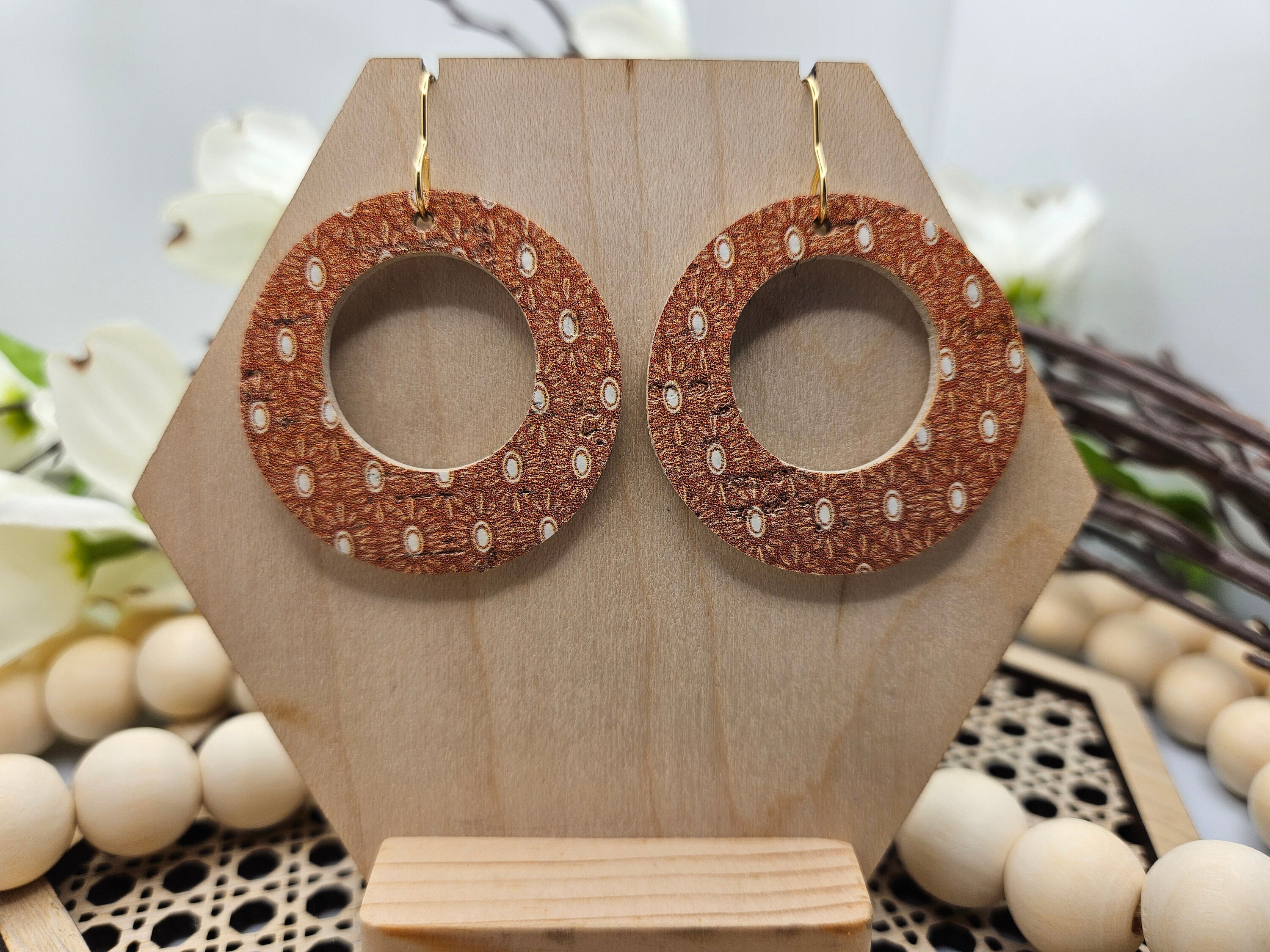 Handmade Mustard Boho Cork Earrings with Genuine Leather Backing- Lightweight Accessory for Everyday Wear - Thumbnail 5