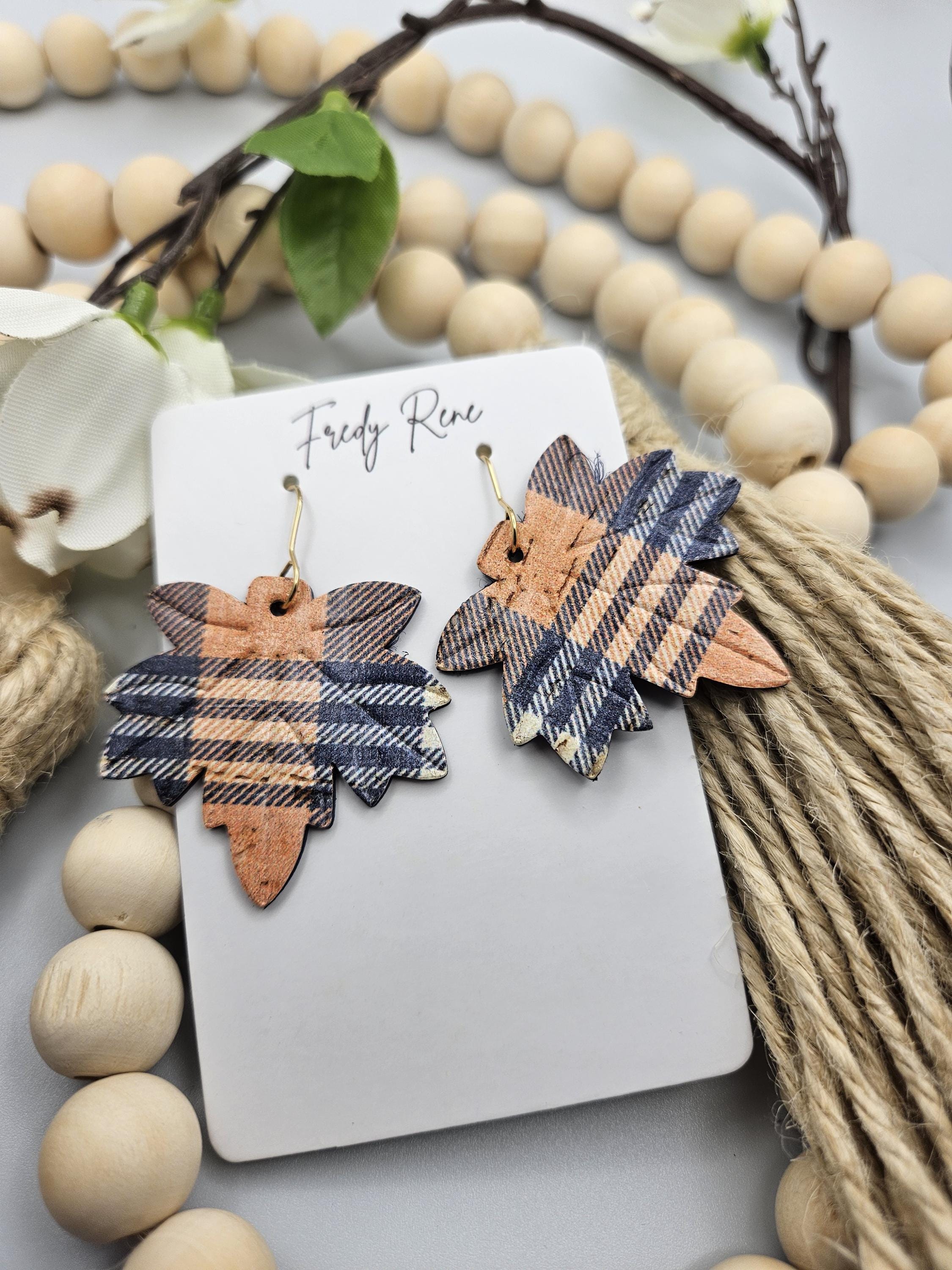 Fall Plaid Leaf Shaped Cork Earrings Backed with Genuine Leather - Thumbnail 3