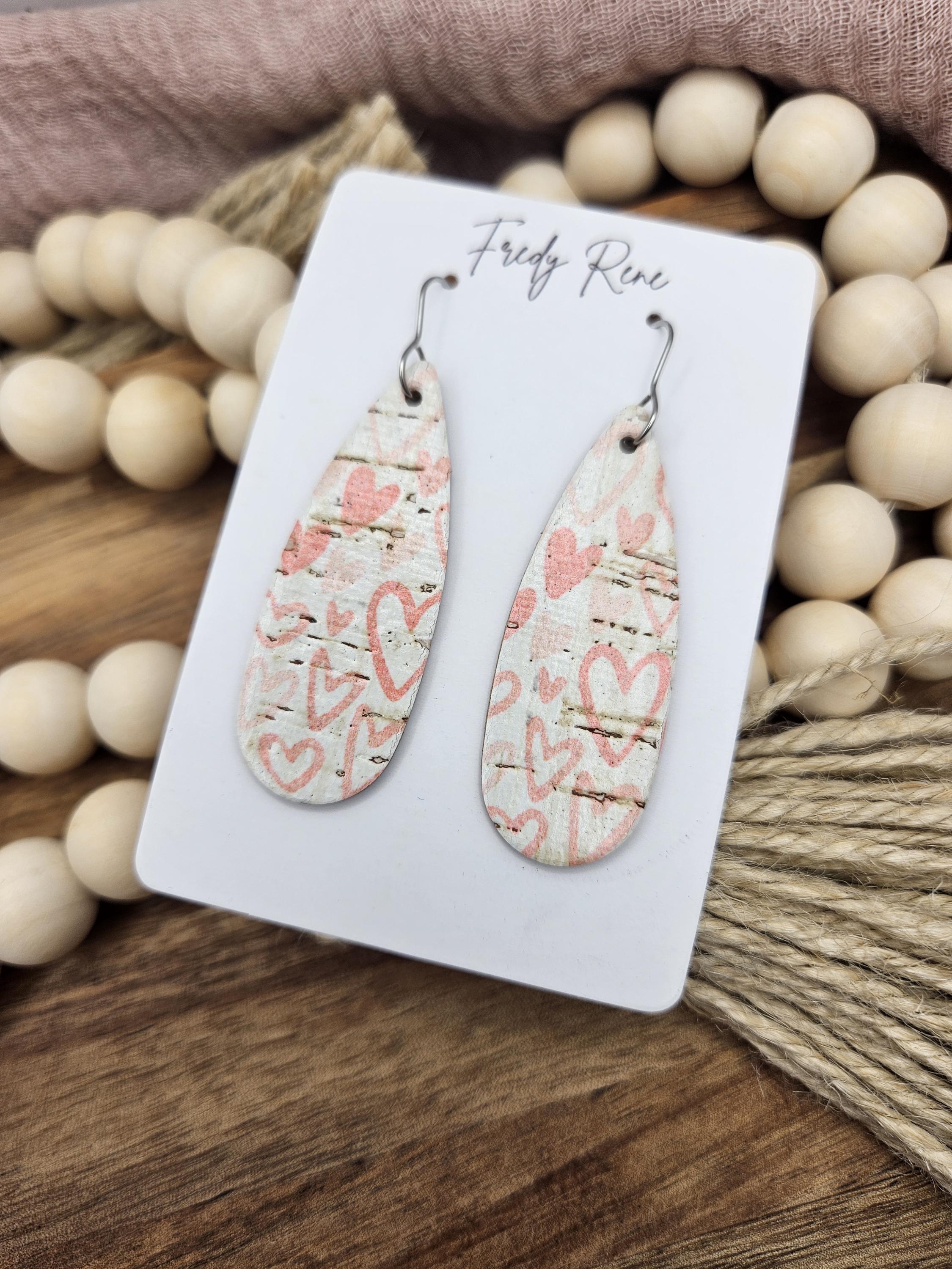 Handcrafted Narrow Heart Cork Teardrop Earrings with Genuine Leather Backing - Thumbnail 4