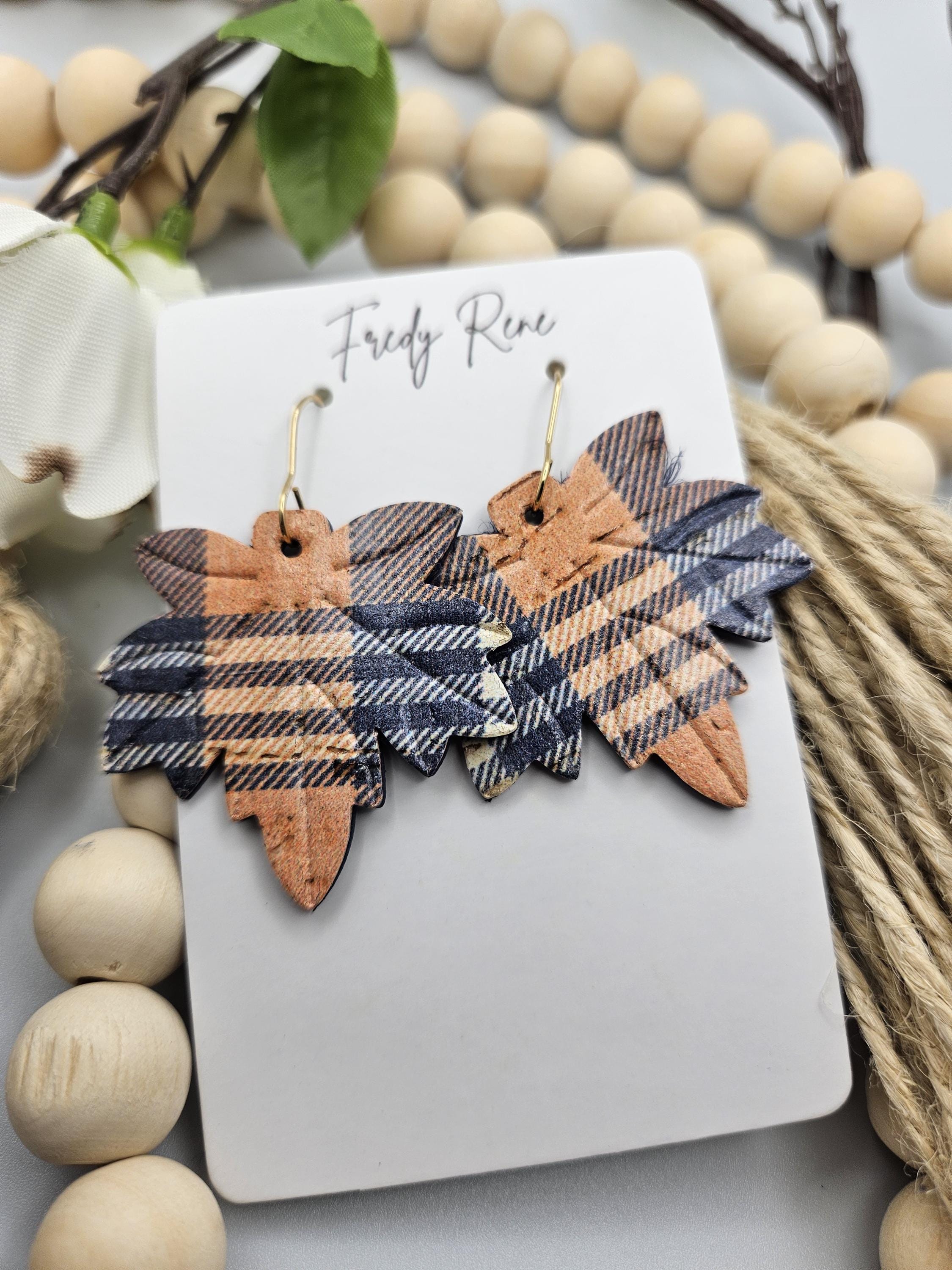 Fall Plaid Leaf Shaped Cork Earrings Backed with Genuine Leather