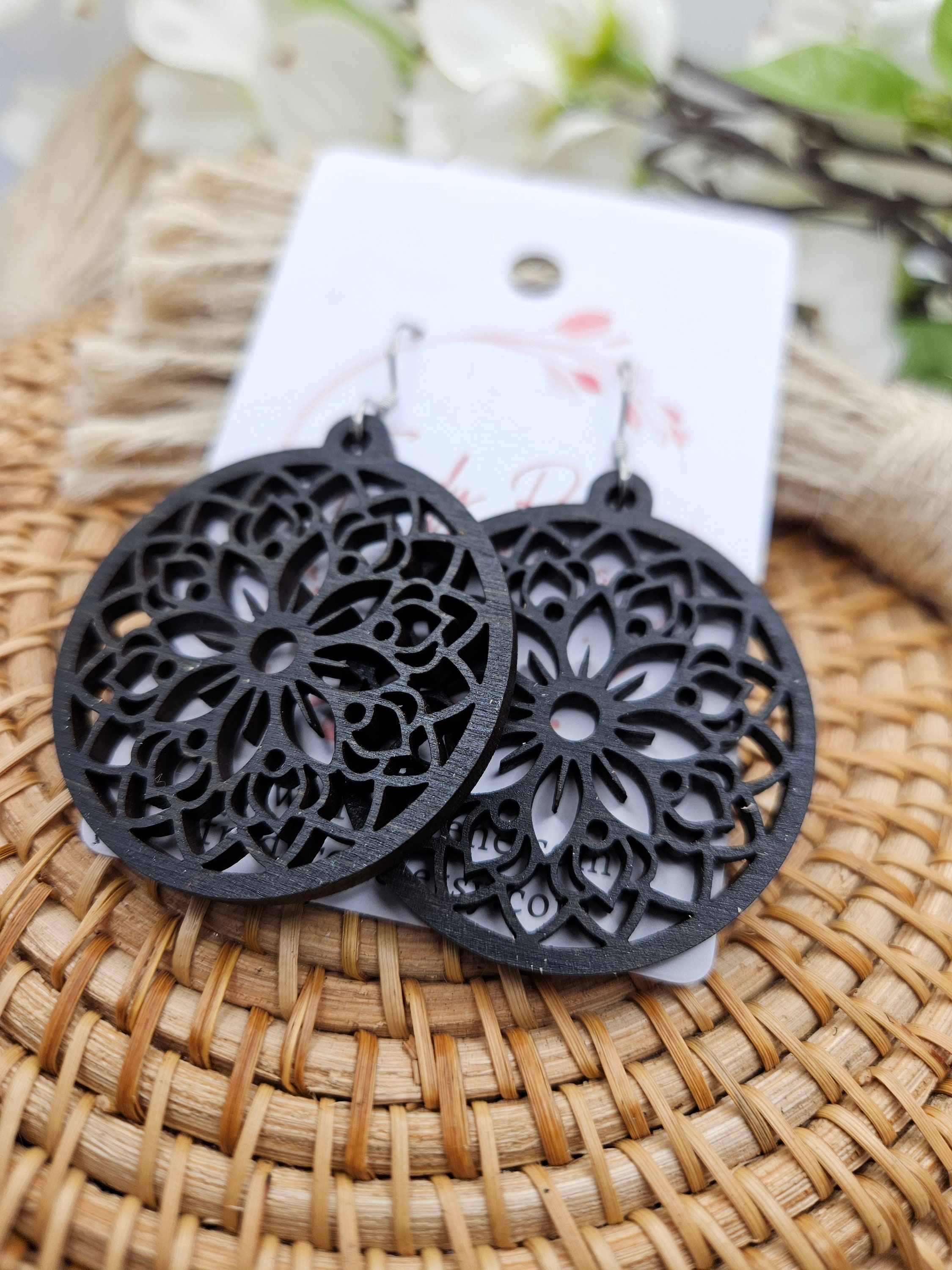 Handmade Lightweight Wooden Floral Earrings - Trendy Boho Jewelry with Stainless Steel Hooks - Black Wood Dangle Earrings - Thumbnail 5