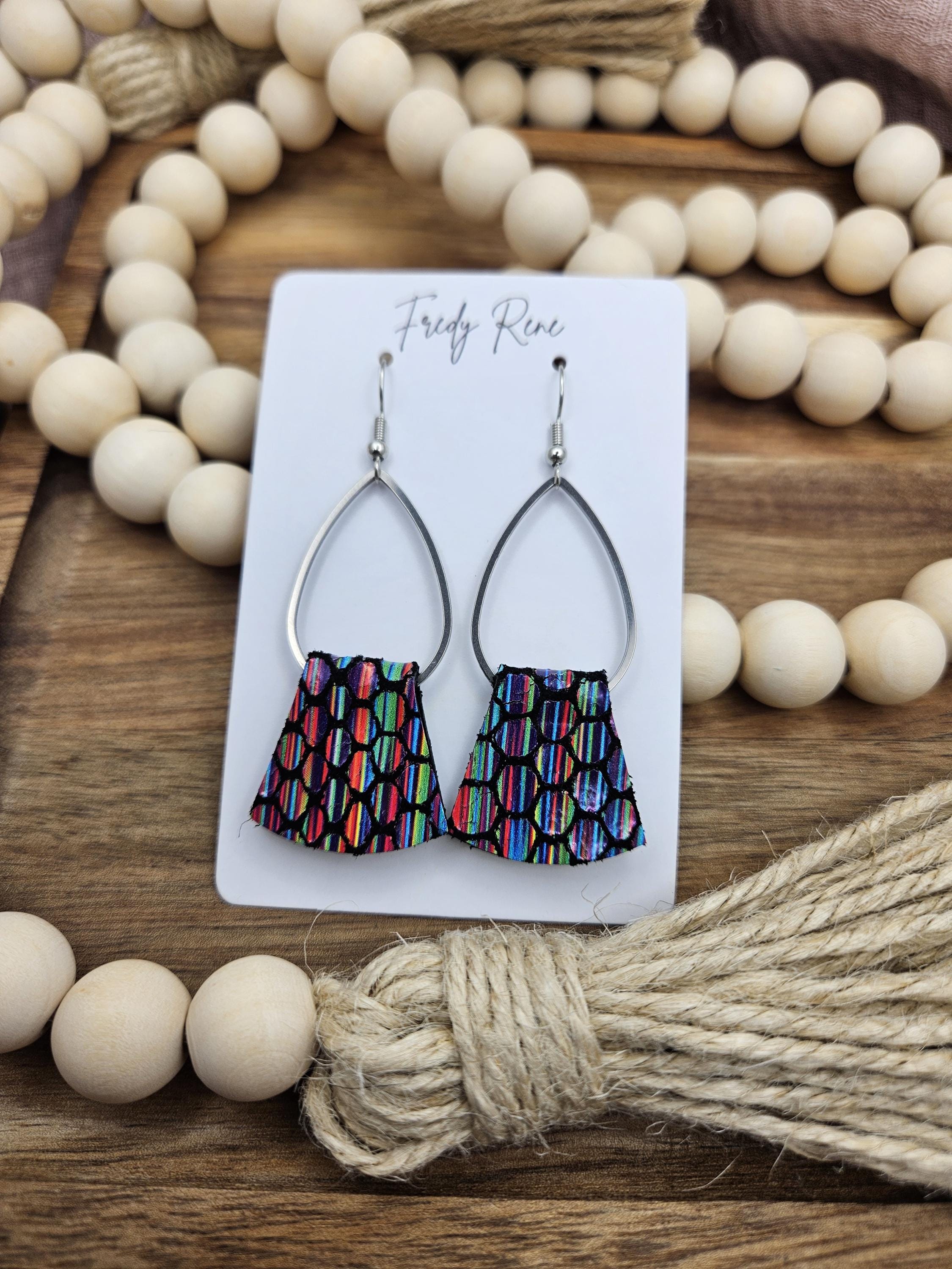 Metal Teardrop with Multicolor Genuine Leather Earrings - Thumbnail 4